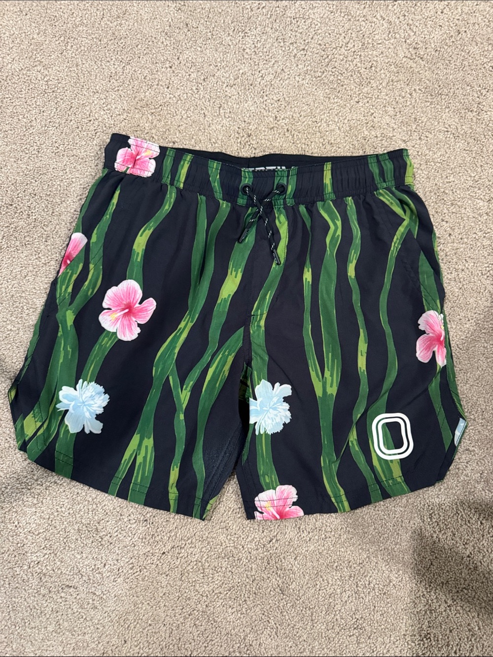 BOYS Black Floral Swim Trunks with Green Stripe Print
